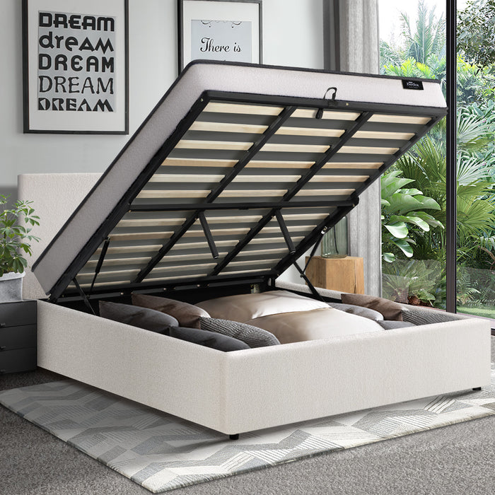 Bed Frame King Size Gas Lift Boucle Beds With Mattress Set