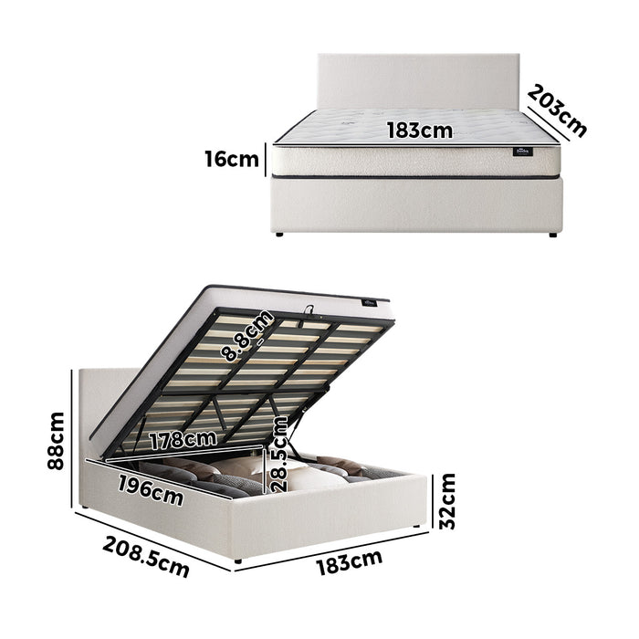 Bed Frame King Size Gas Lift Boucle Beds With Mattress Set