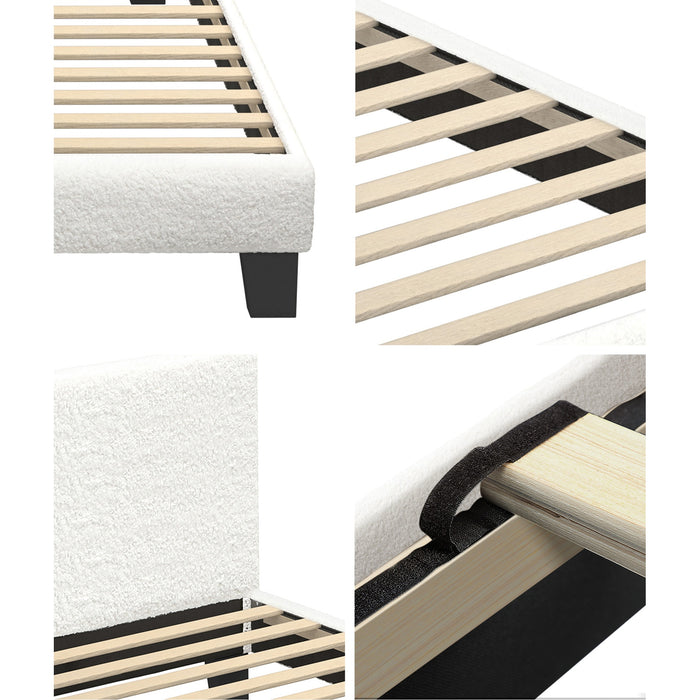 Bed Frame Single Size Mattress Base Boucle Fabric Platform Wooden Slats