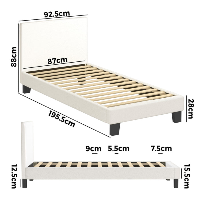 Bed Frame Single Size Mattress Base Boucle Fabric Platform Wooden Slats