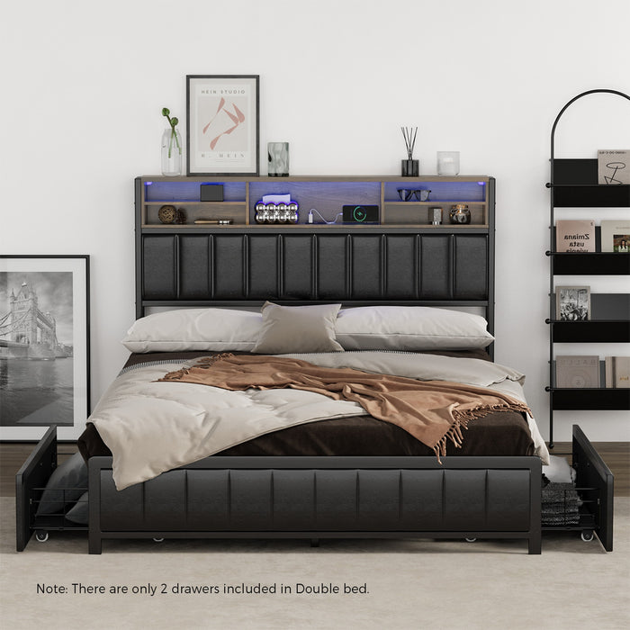 Bed Frame Double Size Led Storage Bedhead 2 Drawers Usb Charge