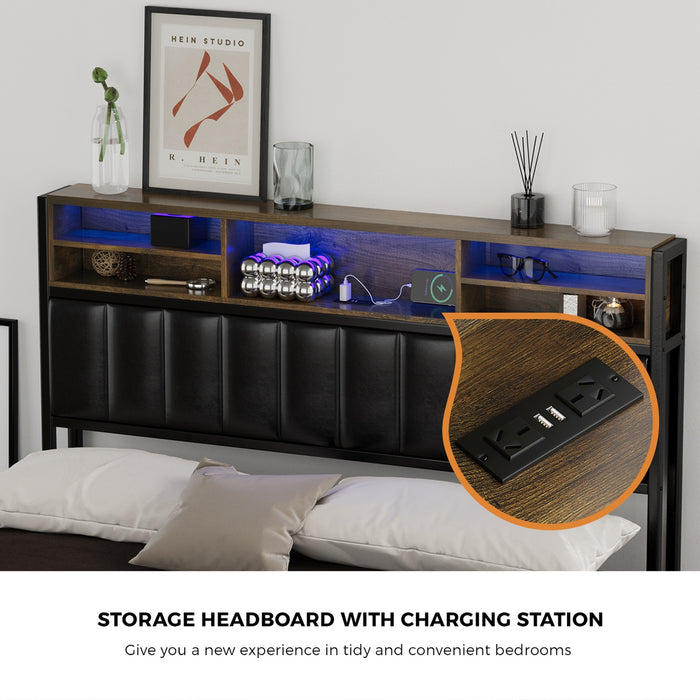 Bed Frame Double Size Led Storage Bedhead 2 Drawers Usb Charge