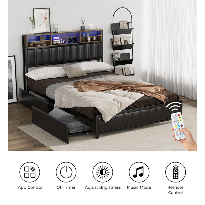 Bed Frame Double Size Led Storage Bedhead 2 Drawers Usb Charge