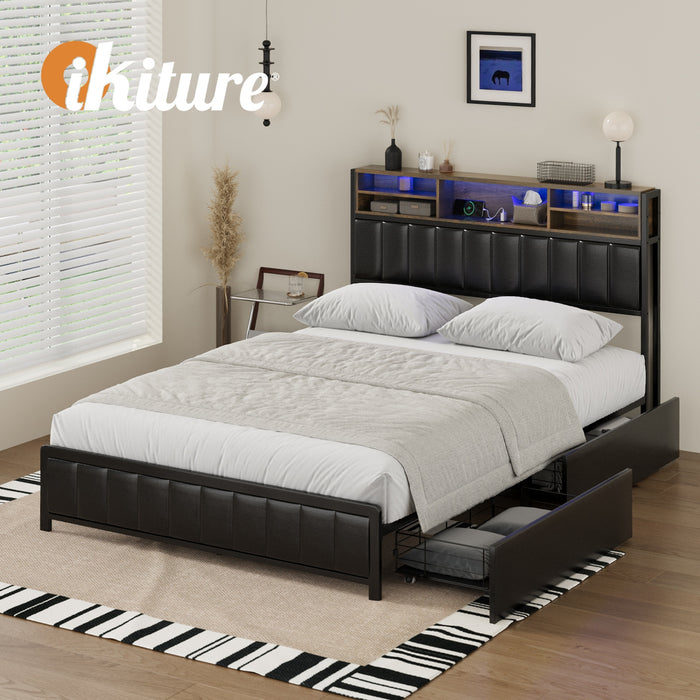 Bed Frame Double Size Led Storage Bedhead 2 Drawers Usb Charge