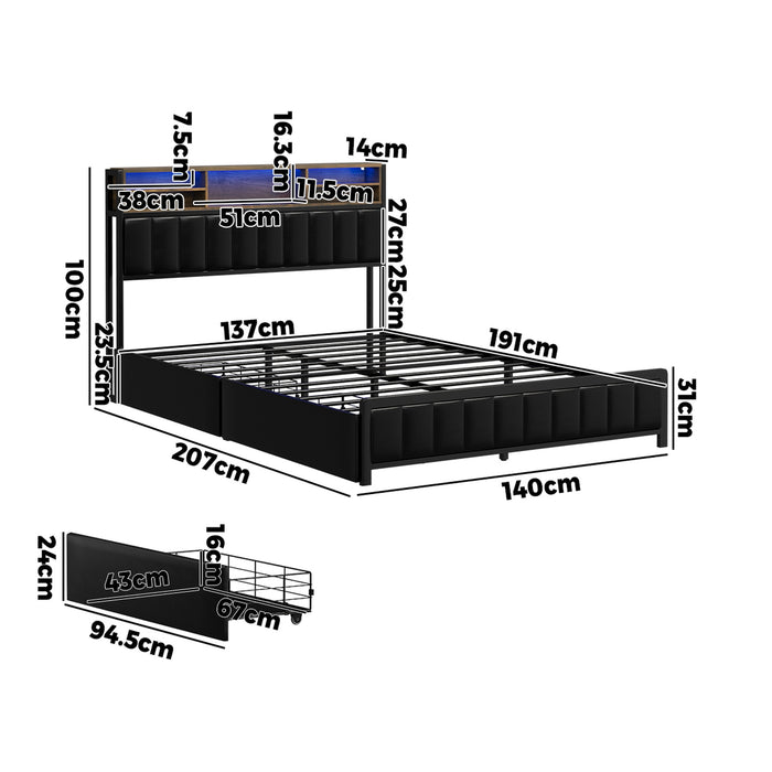 Bed Frame Double Size Led Storage Bedhead 2 Drawers Usb Charge