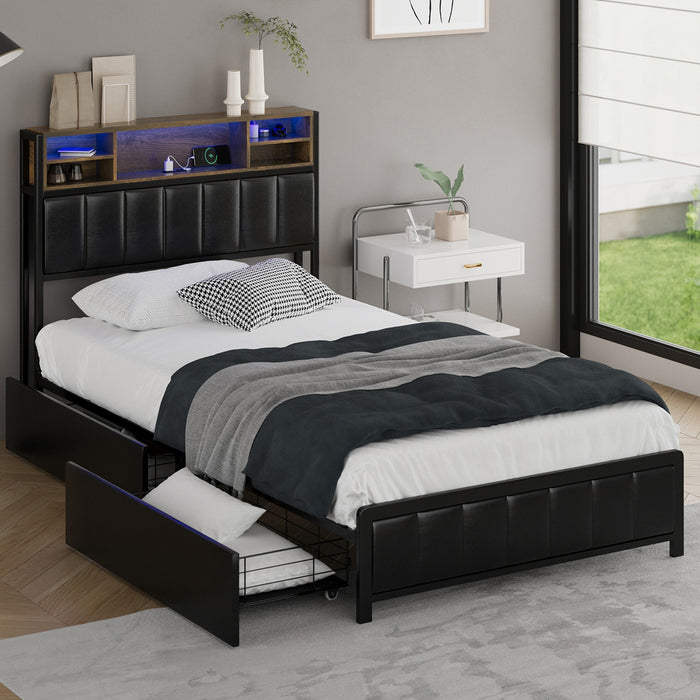 Bed Frame King Single Size Led Storage Bedhead 2 Drawers Usb Charge