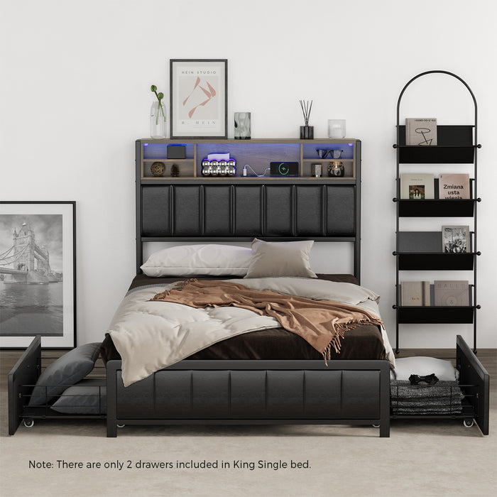 Bed Frame King Single Size Led Storage Bedhead 2 Drawers Usb Charge