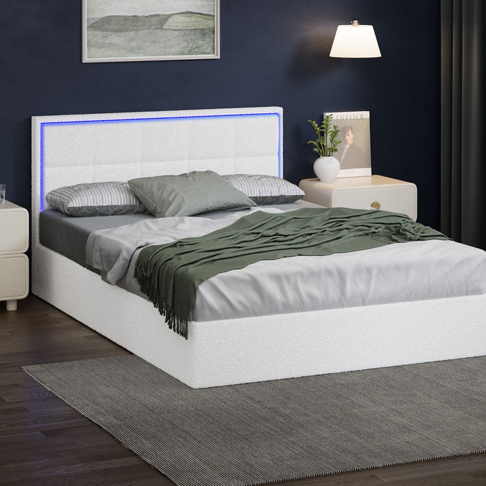 Bed Frame Double Size Rgb Led Gas Lift Storage Base White Boucle