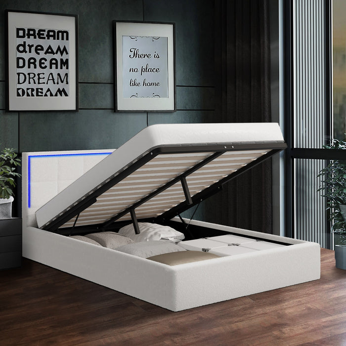 Bed Frame Double Size Rgb Led Gas Lift Storage Base White Boucle