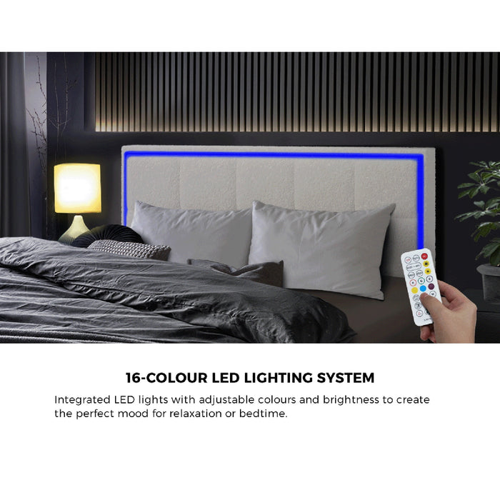 Bed Frame Double Size Rgb Led Gas Lift Storage Base White Boucle