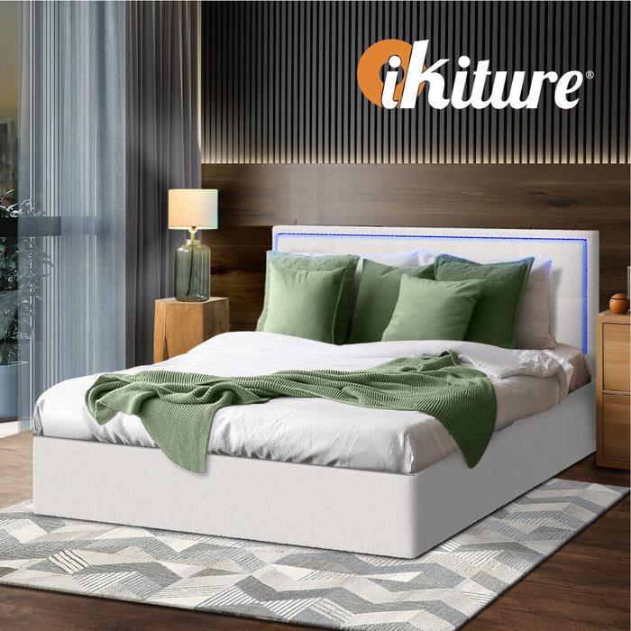 Bed Frame Double Size Rgb Led Gas Lift Storage Base White Boucle