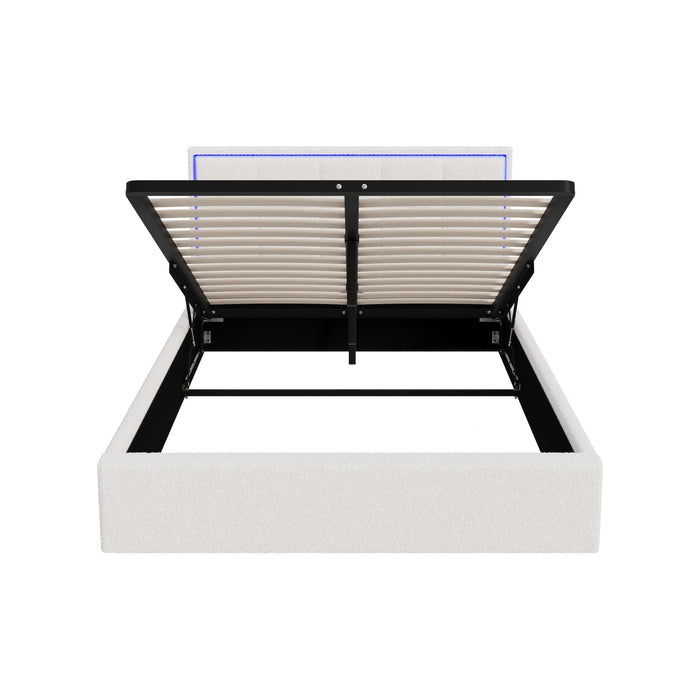Bed Frame Double Size Rgb Led Gas Lift Storage Base White Boucle