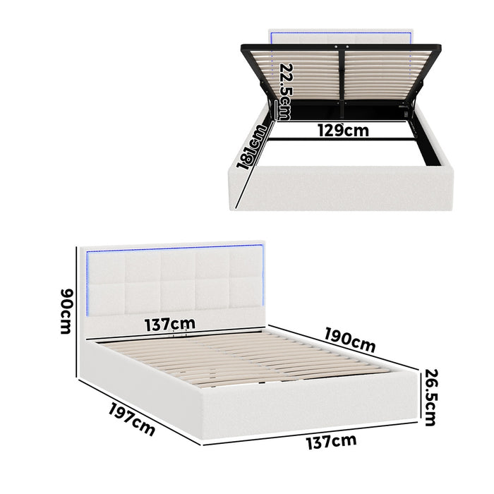 Bed Frame Double Size Rgb Led Gas Lift Storage Base White Boucle