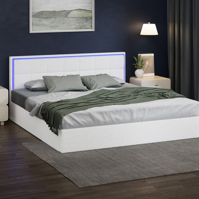Bed Frame King Size Rgb Led Gas Lift Storage Base White Boucle