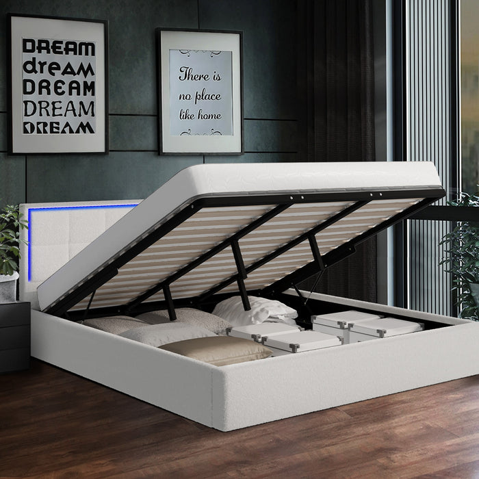 Bed Frame King Size Rgb Led Gas Lift Storage Base White Boucle