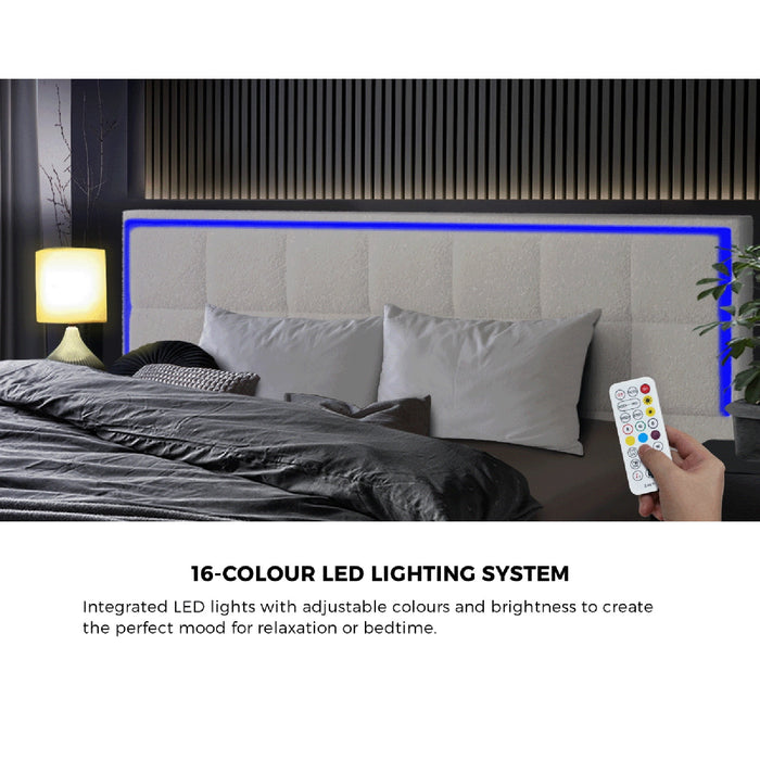 Bed Frame King Size Rgb Led Gas Lift Storage Base White Boucle