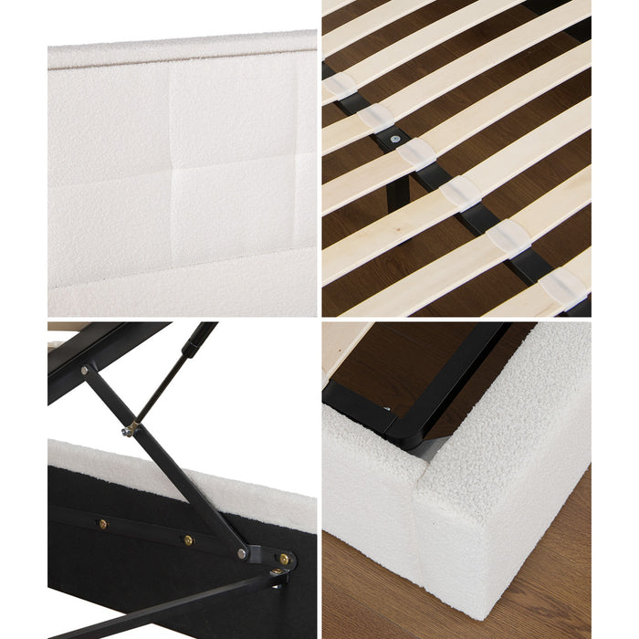 Bed Frame King Size Rgb Led Gas Lift Storage Base White Boucle