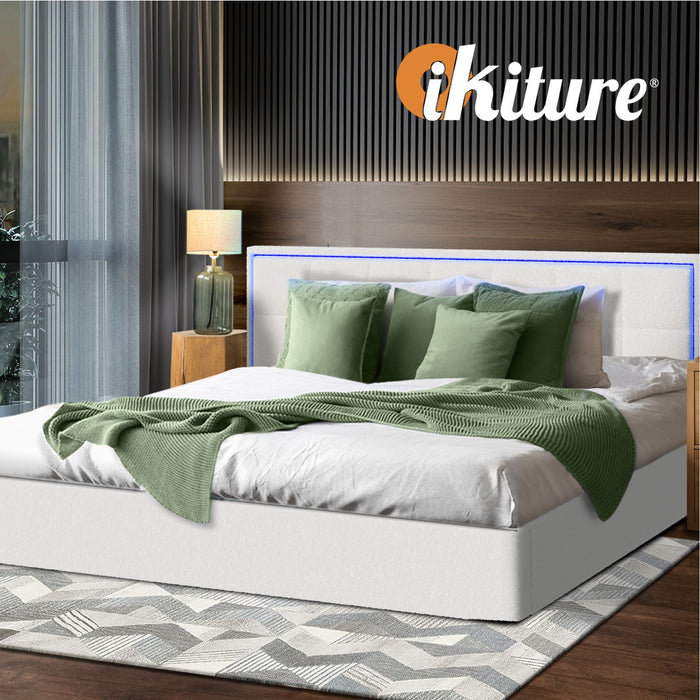 Bed Frame King Size Rgb Led Gas Lift Storage Base White Boucle