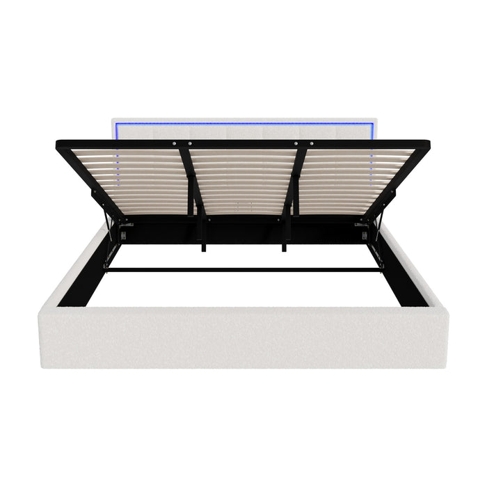 Bed Frame King Size Rgb Led Gas Lift Storage Base White Boucle