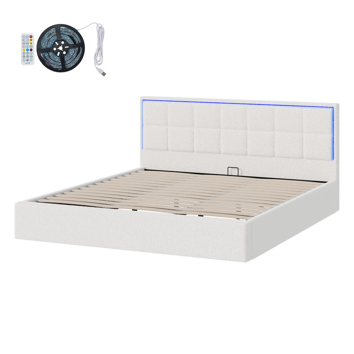 Bed Frame King Size Rgb Led Gas Lift Storage Base White Boucle