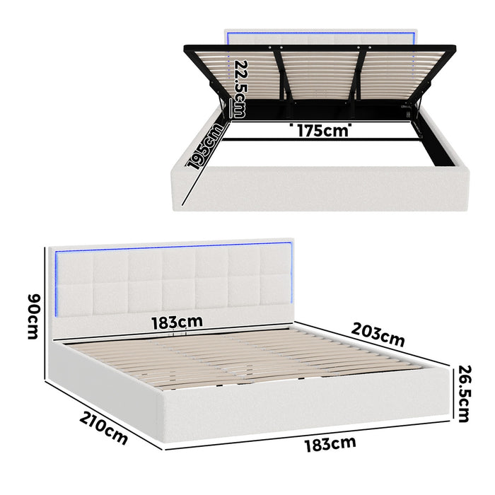 Bed Frame King Size Rgb Led Gas Lift Storage Base White Boucle