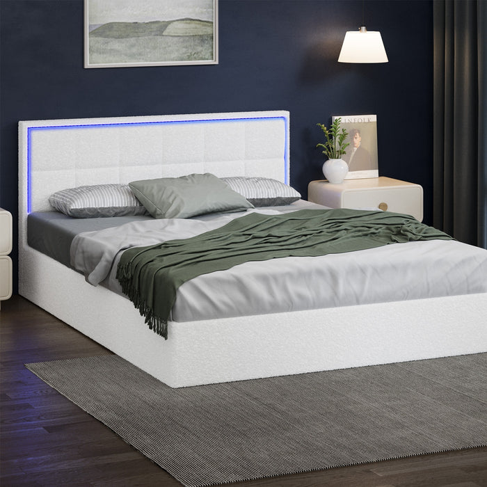 Bed Frame Queen Size Rgb Led Gas Lift Storage Base White Boucle