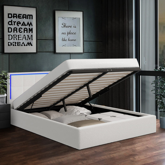 Bed Frame Queen Size Rgb Led Gas Lift Storage Base White Boucle