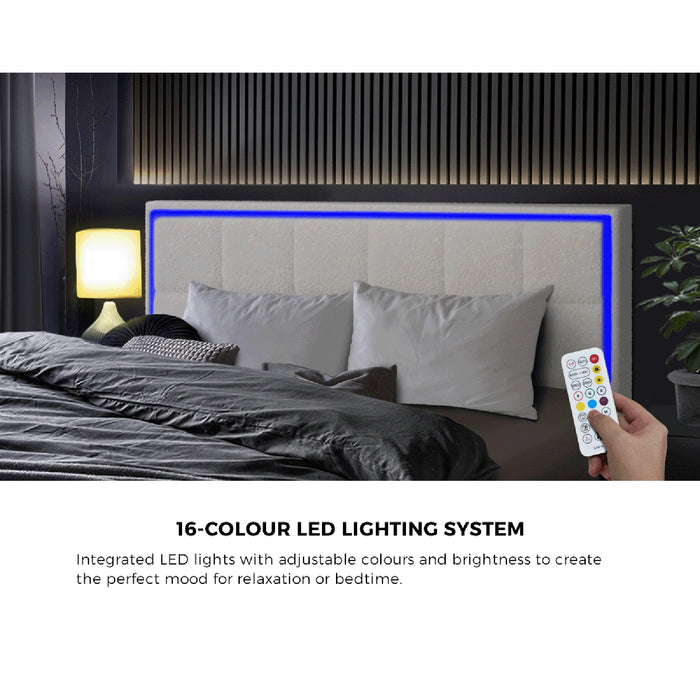 Bed Frame Queen Size Rgb Led Gas Lift Storage Base White Boucle