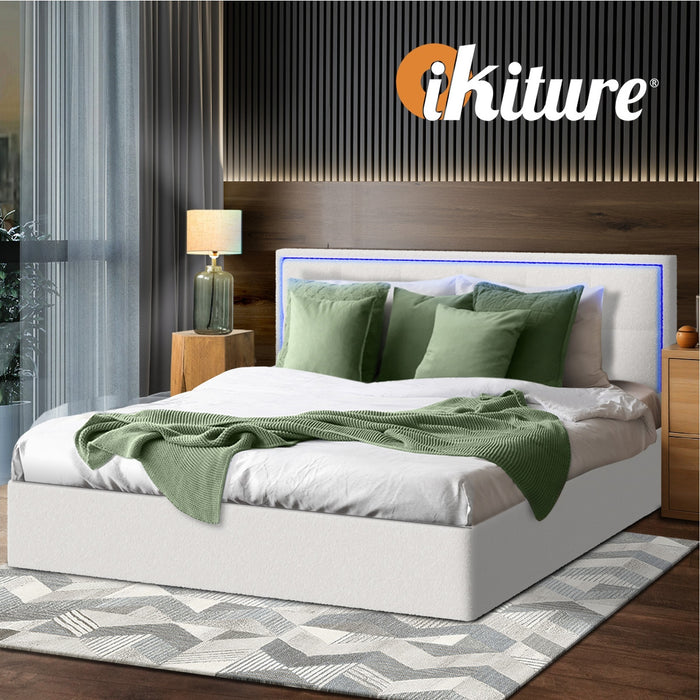 Bed Frame Queen Size Rgb Led Gas Lift Storage Base White Boucle