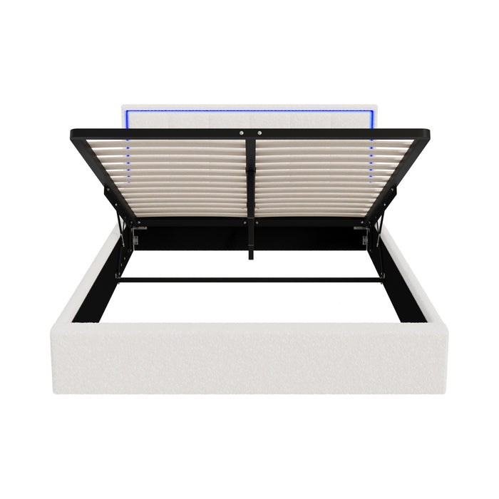 Bed Frame Queen Size Rgb Led Gas Lift Storage Base White Boucle
