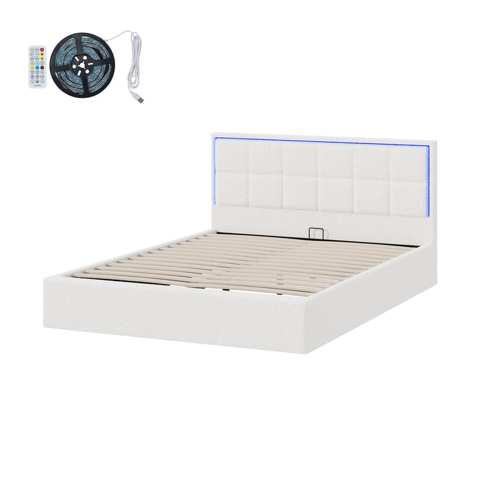 Bed Frame Queen Size Rgb Led Gas Lift Storage Base White Boucle
