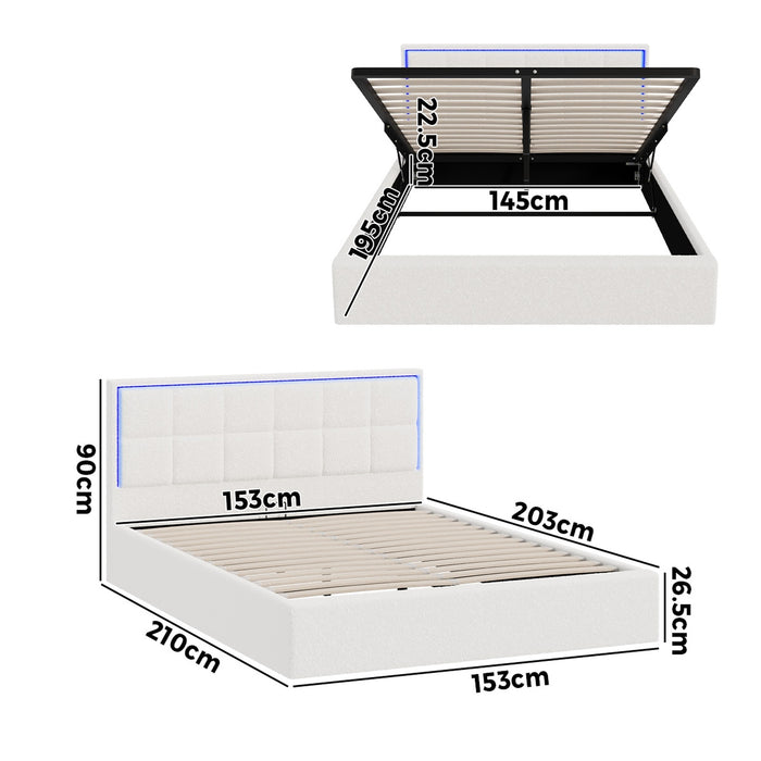 Bed Frame Queen Size Rgb Led Gas Lift Storage Base White Boucle