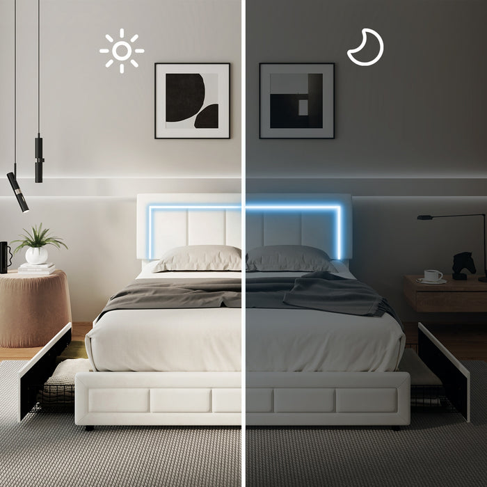 Led Bed Frame Double Size With 4 Drawers Adjustable Headboard Beige