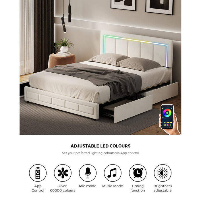 Led Bed Frame Double Size With 4 Drawers Adjustable Headboard Beige