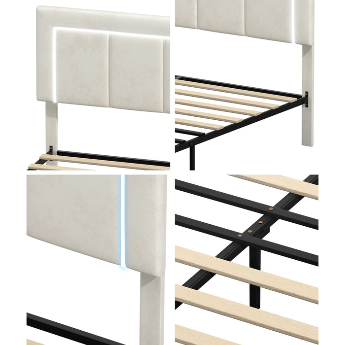 Led Bed Frame Double Size With 4 Drawers Adjustable Headboard Beige