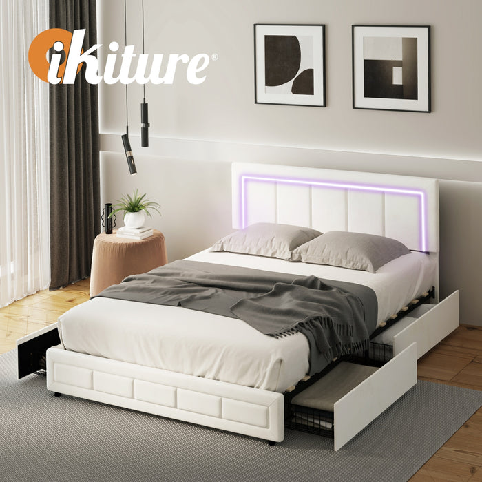 Led Bed Frame Double Size With 4 Drawers Adjustable Headboard Beige