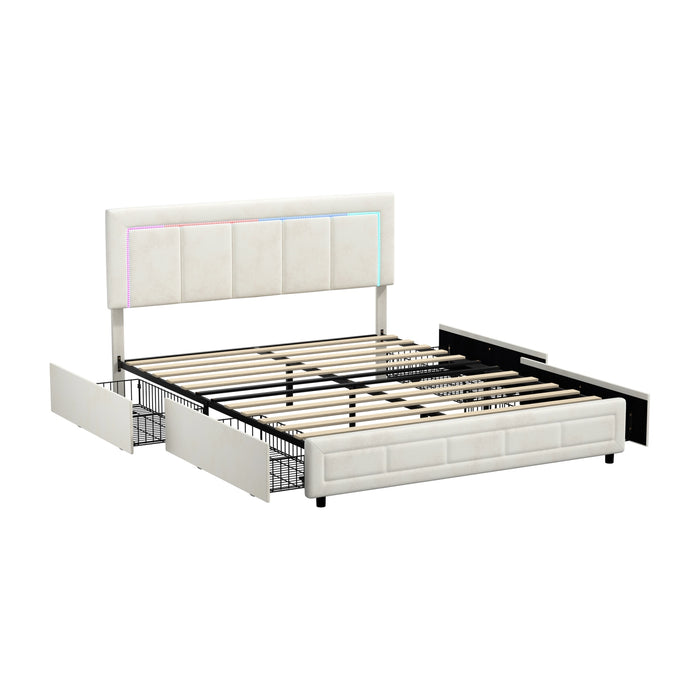 Led Bed Frame Double Size With 4 Drawers Adjustable Headboard Beige