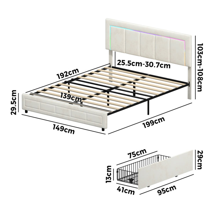 Led Bed Frame Double Size With 4 Drawers Adjustable Headboard Beige