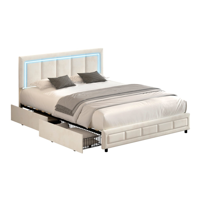 Led Bed Frame Double Size With 4 Drawers Adjustable Headboard Beige