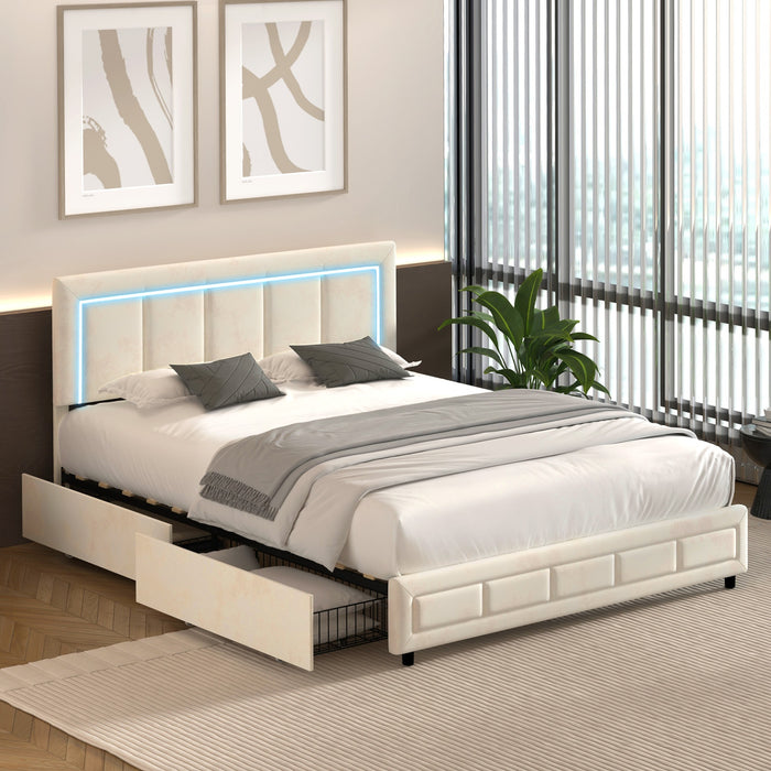 Led Bed Frame Queen Size With 4 Drawers Adjustable Headboard Beige