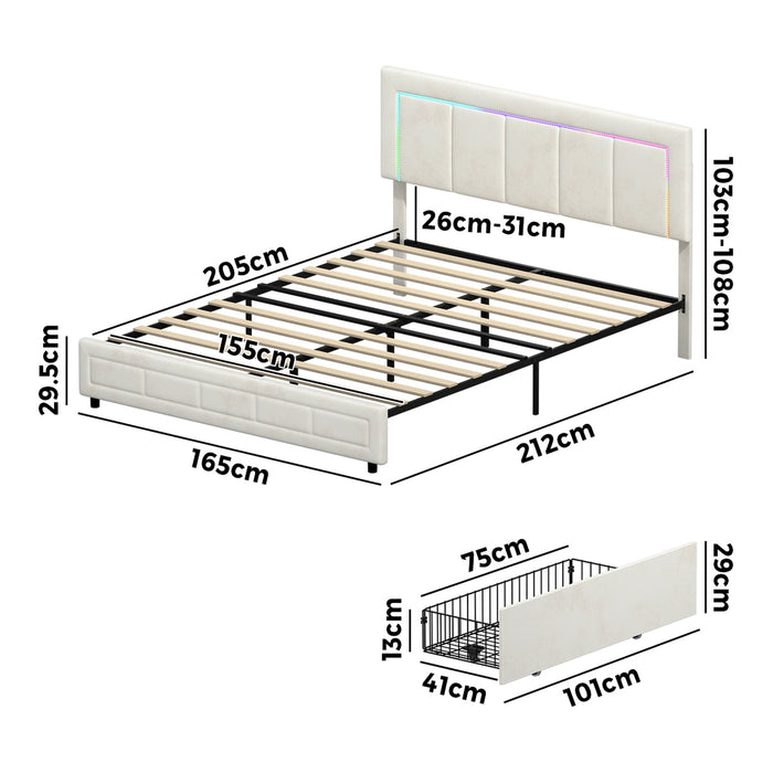 Led Bed Frame Queen Size With 4 Drawers Adjustable Headboard Beige