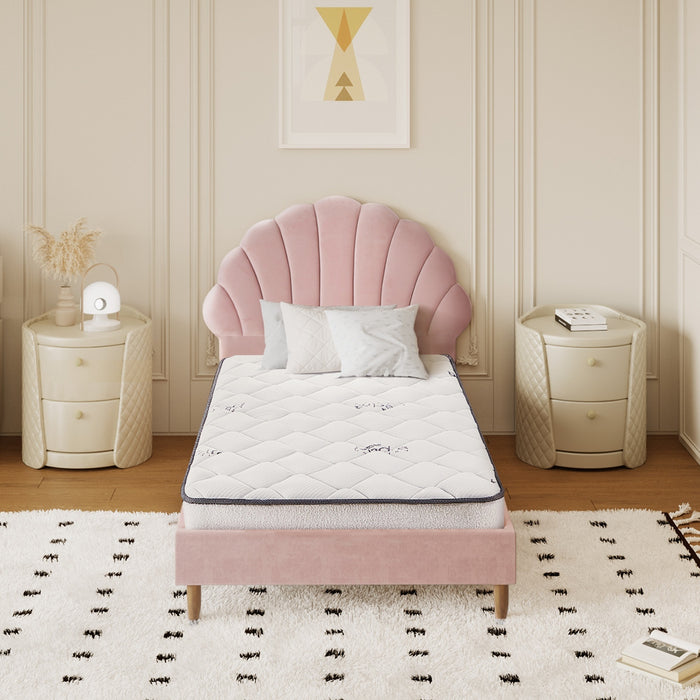 Bed Frame Single Size Scallop-Shape Bedhead Pink Velvet With Mattress