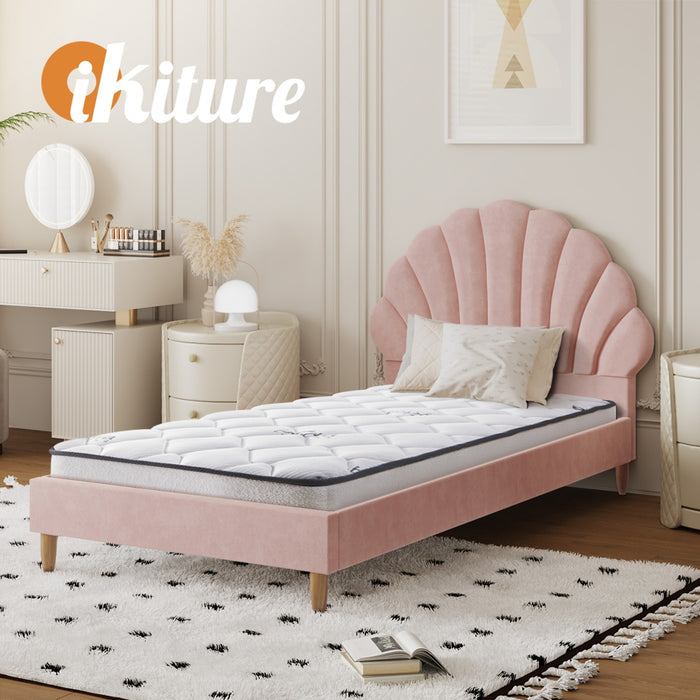 Bed Frame Single Size Scallop-Shape Bedhead Pink Velvet With Mattress