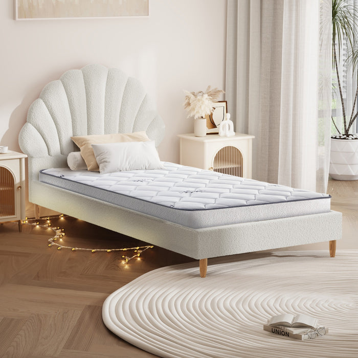 Bed Frame Single Size Scallop-Shape Bedhead White Boucle With Mattress