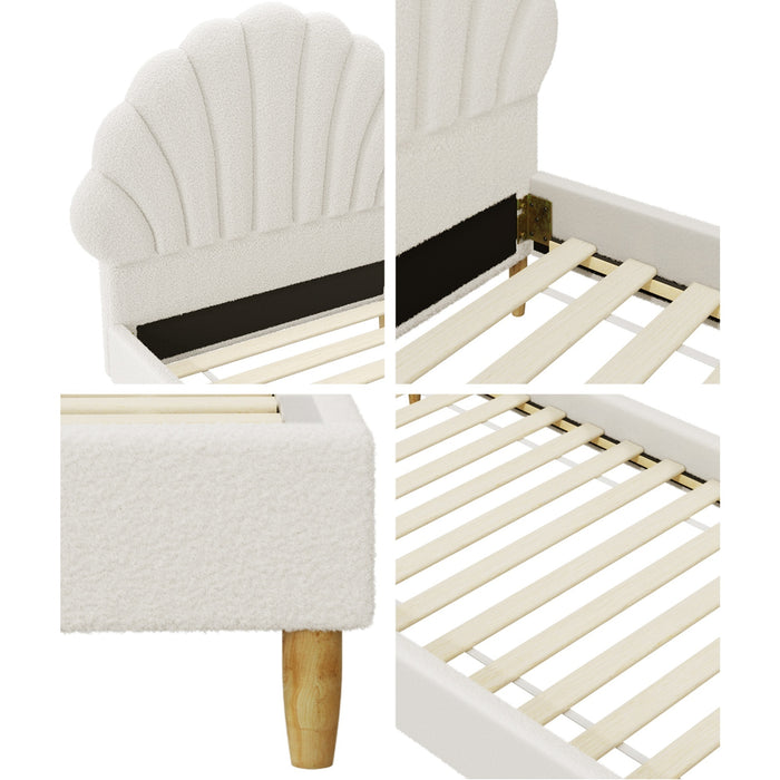 Bed Frame Single Size Scallop-Shape Bedhead White Boucle With Mattress