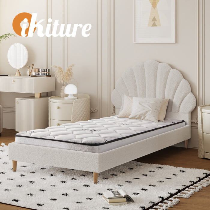 Bed Frame Single Size Scallop-Shape Bedhead White Boucle With Mattress