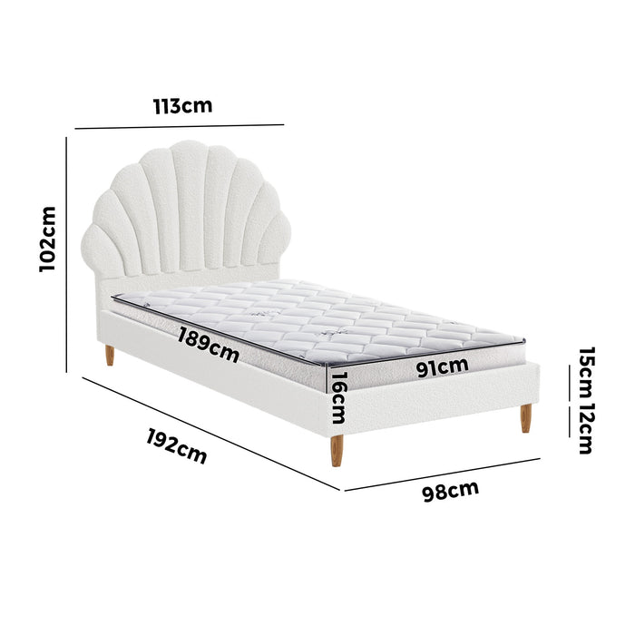 Bed Frame Single Size Scallop-Shape Bedhead White Boucle With Mattress