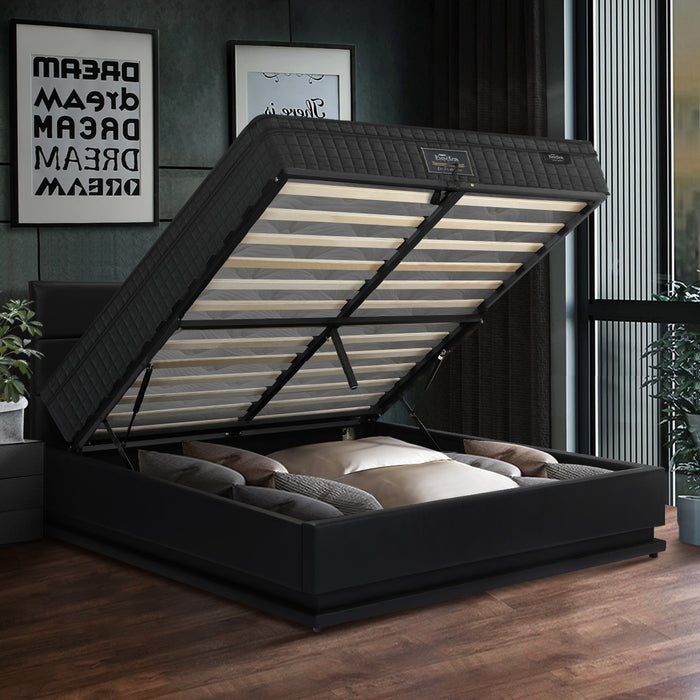 Bed Frame Queen Size Led With Gas Lift Storage Mattress Set Black Layz