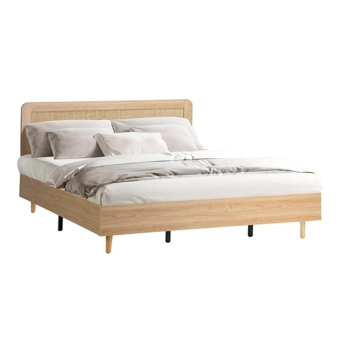 Bed Frame King Size Wooden Bed Rattan Headboard