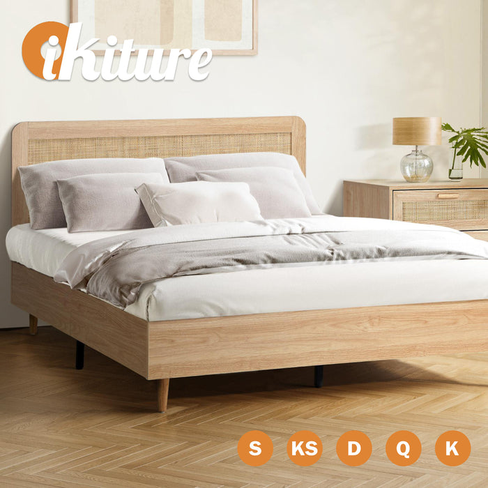 Bed Frame King Size Wooden Bed Rattan Headboard